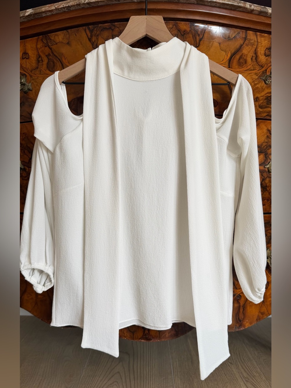 Women's White Cold-Shoulder Blouse with Neck Scarf